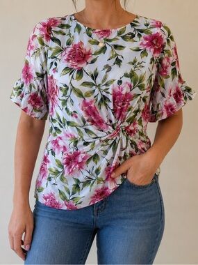 Perseption Concept Women Floral Twist Front Blouse Medium Pink Green Cottagecore